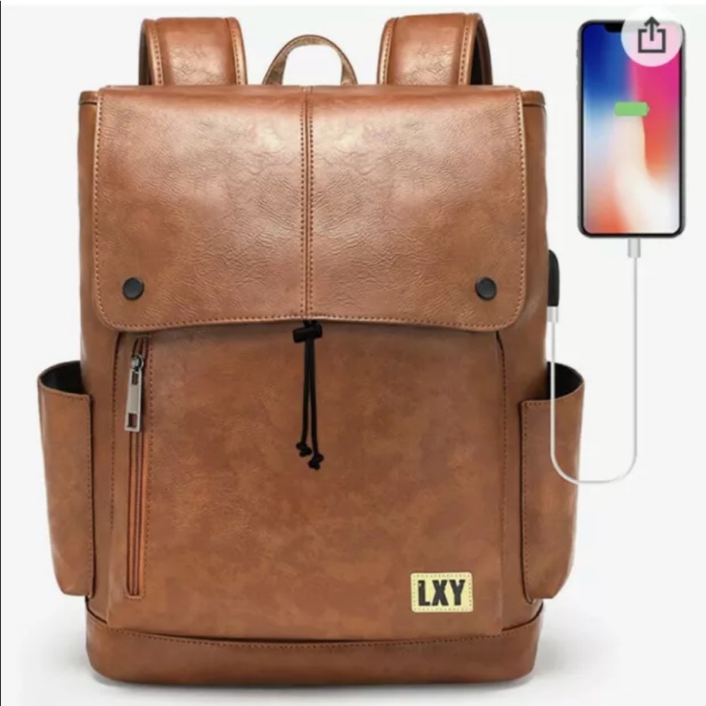 LXY Vegan Leather Bookbag W/USB Charging Port. Vintage W/drawstring Closure